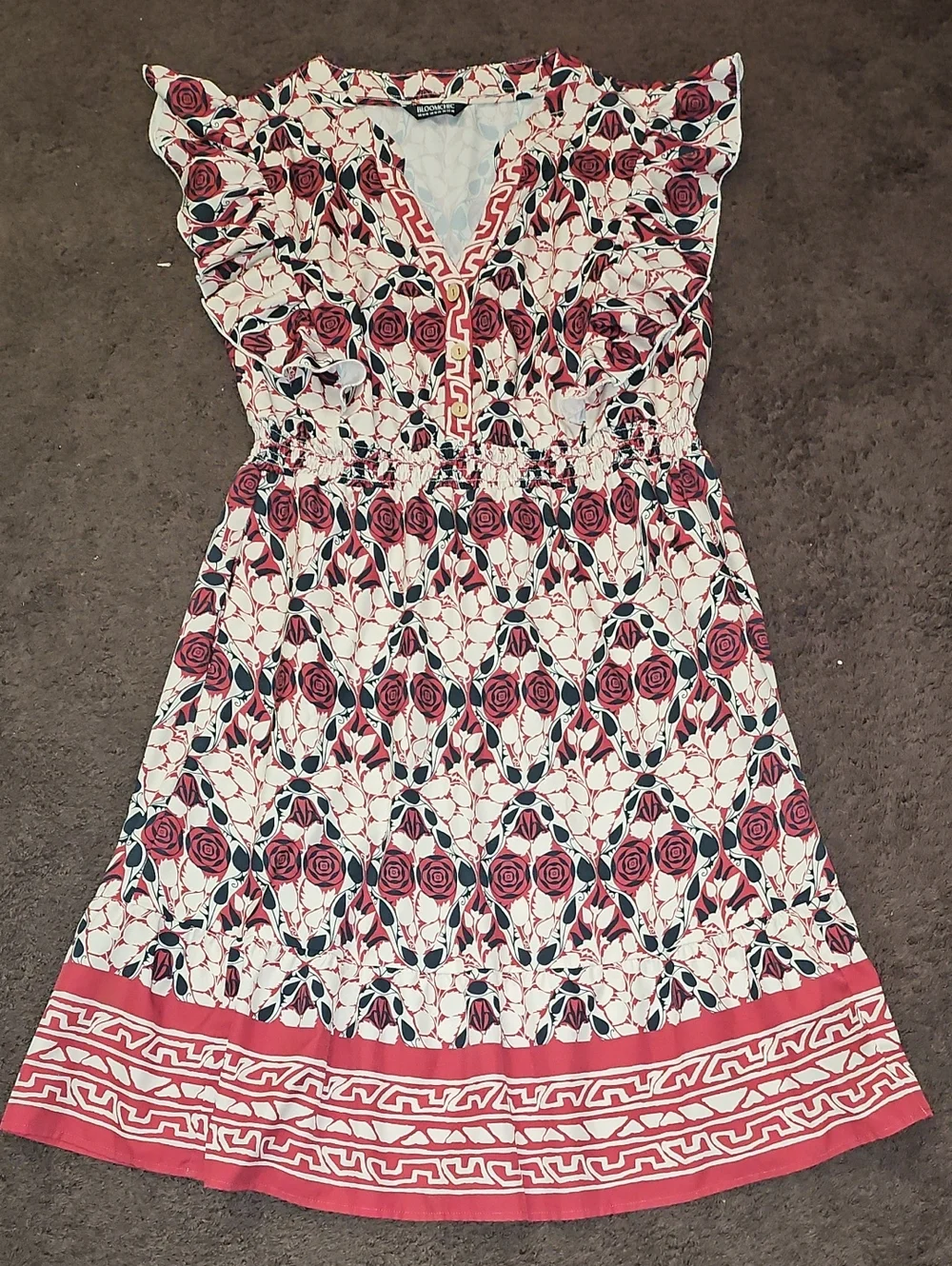 Bloomchic Boho Print Ruffles Shirred Pocket Elastic Waist Dress XL 14/16 - Picture 2 of 5